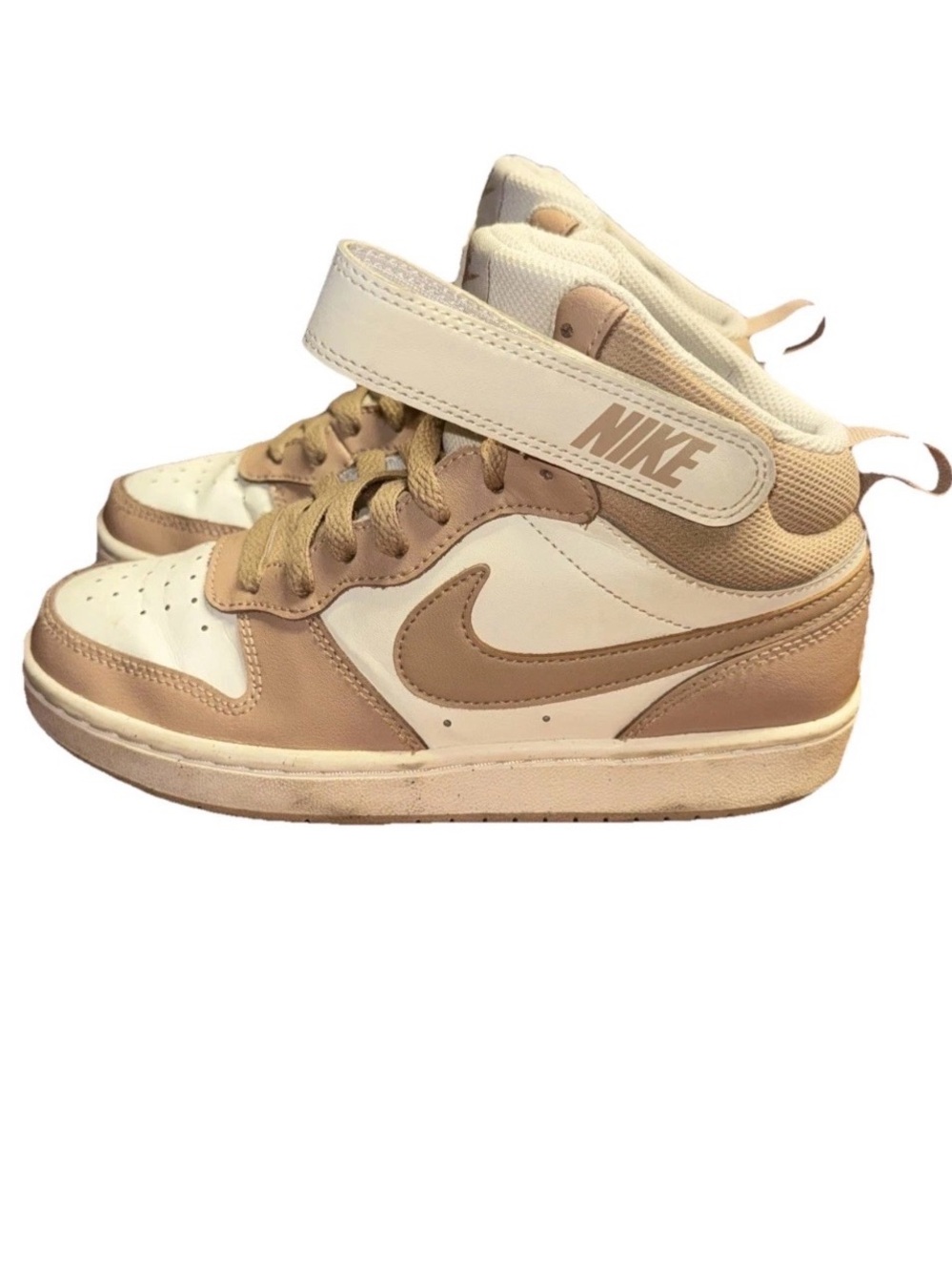 Nike Court Borough Mid Kids Shoes Size 4Y Tan Off White GUC Basketball Casual